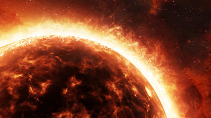 High quality realistic Sun star 3D rendering. Hot, hydrogen fusion and solar particles with fire.
