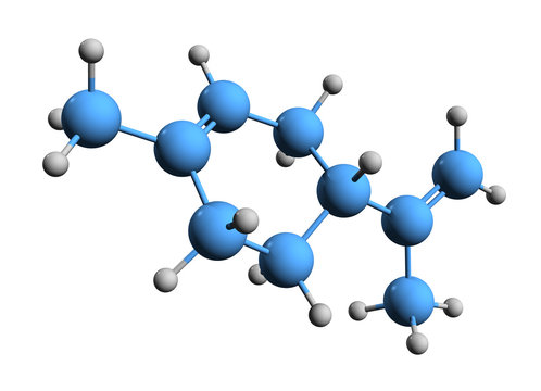 3D image of limonene skeletal formula - molecular chemical structure of cyclic monoterpene isolated on white background