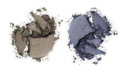 set of broken makeup eyeshadows isolated on white background