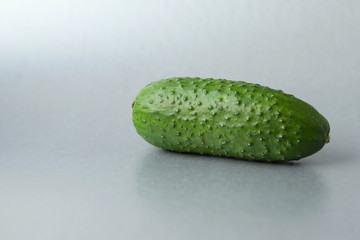 Green fresh juicy cucumber with pimples on a gray background. Daylight. Selective focus