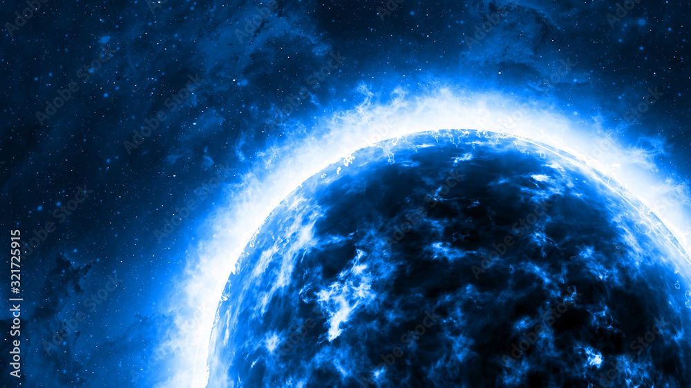 Wall mural mysterious giant gas planet or fire star on cosmos. galactic 3d rendering, galaxy or supernova.