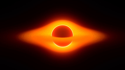 Supermassive black hole on cosmos, space. Accretion disk and rotating clouds, swallowing asteroids 3D rendering 