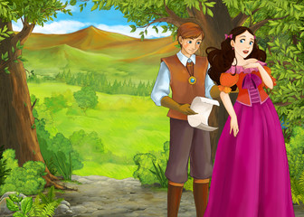 cartoon summer scene with meadow in the forest with prince and princess