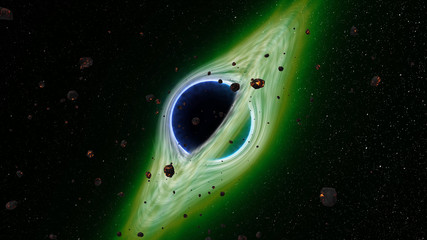 Fototapeta premium Supermassive black hole on cosmos, space. Accretion disk and rotating clouds, swallowing asteroids 3D rendering 