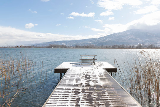 wooden walkway on sapanca lake in winter