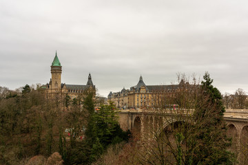 Fototapeta na wymiar Panoramic view of Luxembourg capital. Adolphe Bridge.