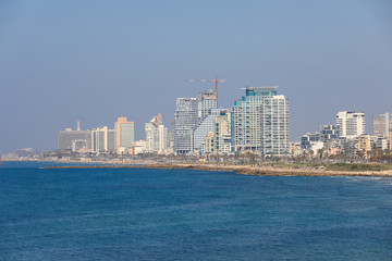 Tel Aviv coastline, the hotel area from a low point of view. View of Tel Aviv coastline From Jaffa Port. 