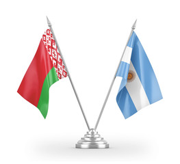 Argentina and Belarus table flags isolated on white 3D rendering