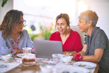 Meeting of middle age women having lunch and drinking coffee. Mature friends smiling happy using laptop at home on a sunny day
