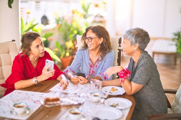 Meeting of middle age women having lunch and drinking coffee. Mature friends smiling happy using smartphone at home on a sunny day