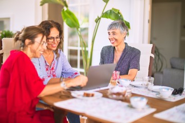 Meeting of middle age women having lunch and drinking coffee. Mature friends smiling happy using laptop at home on a sunny day