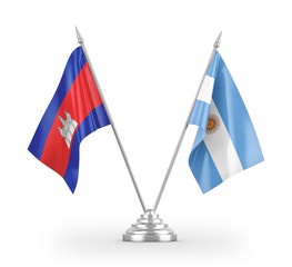 Argentina and Cambodia table flags isolated on white 3D rendering