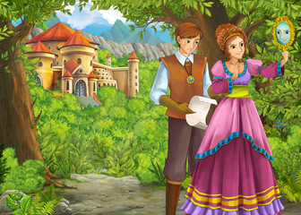 Cartoon nature scene with beautiful castle with prince and princess