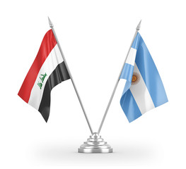 Argentina and Iraq table flags isolated on white 3D rendering