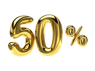50 percent discount. Golden glossy balloon in the shape of a numbe