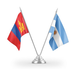 Argentina and Mongolia table flags isolated on white 3D rendering