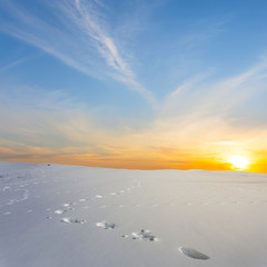 winter snowbound plain with human track at the sunset
