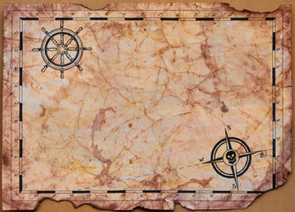 Fototapeta na wymiar Blank pirate treasure map template for children. Сrumpled paper painted with watercolors and hand drawn ship steering wheel, compass and coordinate lines.