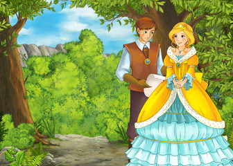 Plakat cartoon scene with mountains valley near the forest with prince and princess