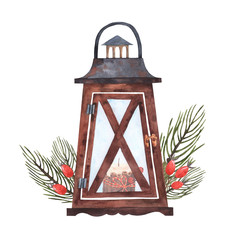 Watercolor lantern, vintage lamp for the new year and Christmas. Watercolor elements for design, printing, fabrics, cards, wrapping paper and any ideas