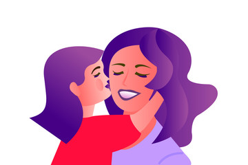 Mother with a baby in her arms. Mom and daughter are hugging. Daughter congratulates on mother's day. Poster in a flat style on a white background.