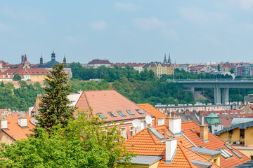 Top view to red roofs and green trees skyline of Prague city Czech republic.