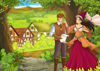 Obraz na płótnie Canvas cartoon summer scene with path to the farm village with prince and princess