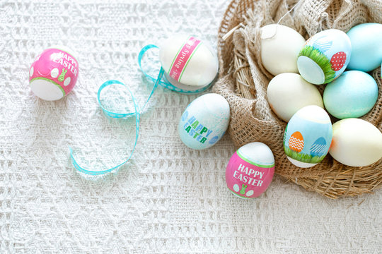A nest of hay with beautiful Easter eggs