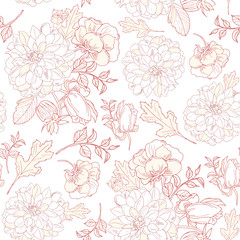 elegant floral seamless pattern. Vintage monochrome peonies, chrysanthemums on a light background. Spring; summer holidays presents and gifts wrapping paper,For textiles,packaging; fabric,wallpaper.