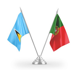 Portugal and Saint Lucia table flags isolated on white 3D rendering