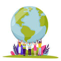 People holding Earth planet. Vector Save Earth Day illustration. Tiny men and women hold world globe on hands