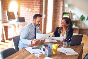 Two middle age business workers smiling happy and confident. Working together with smile on face using laptop at the office