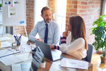 Two middle age business workers smiling happy and confident. Working together with smile on face using laptop at the office