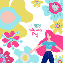 Obraz na płótnie Canvas International Happy Women's Day greeting card or banner with young women and big abstract flowers. Vector flat hand drawn Illustration with lettering.