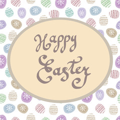 Postcard, Happy Easter, Easter illustration. Elegant eggs with patterns. Drawn by hand. Holiday, celebration, congratulations. Background, print, textiles, paper. Spring, traditions. Seamless pattern.