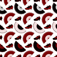 Flamenco seamless pattern with fans   and traditional dance shoes.
