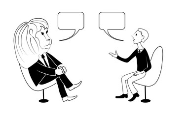 Lion and man are talking. Vector black outline image.