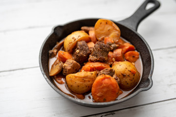 French cuisine Beef Bourguignon. Beef stew with red wine, carrots and potatoes. 