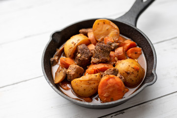 French cuisine Beef Bourguignon. Beef stew with red wine, carrots and potatoes. 