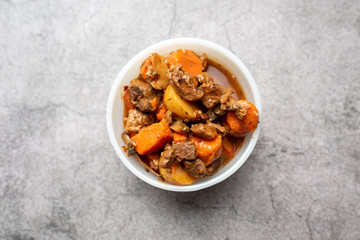 French cuisine Beef Bourguignon. Beef stew with red wine, carrots and potatoes. 