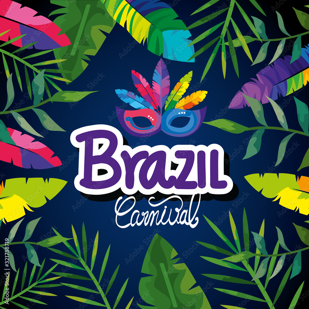 Canvas Prints poster of carnival brazil with mask carnival and tropical leafs