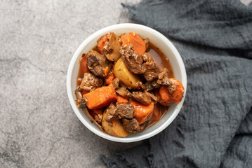 French cuisine Beef Bourguignon. Beef stew with red wine, carrots and potatoes. 
