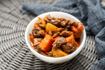 French cuisine Beef Bourguignon. Beef stew with red wine, carrots and potatoes. 