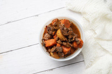 French cuisine Beef Bourguignon. Beef stew with red wine, carrots and potatoes. 