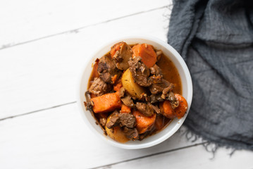 French cuisine Beef Bourguignon. Beef stew with red wine, carrots and potatoes. 