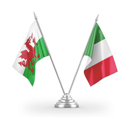 Italy and Wales table flags isolated on white 3D rendering