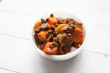 French cuisine Beef Bourguignon. Beef stew with red wine, carrots and potatoes. 