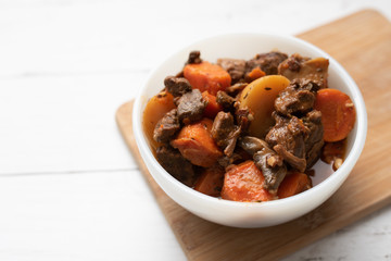 French cuisine Beef Bourguignon. Beef stew with red wine, carrots and potatoes. 