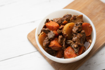 French cuisine Beef Bourguignon. Beef stew with red wine, carrots and potatoes. 