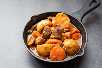 French cuisine Beef Bourguignon. Beef stew with red wine, carrots and potatoes. 